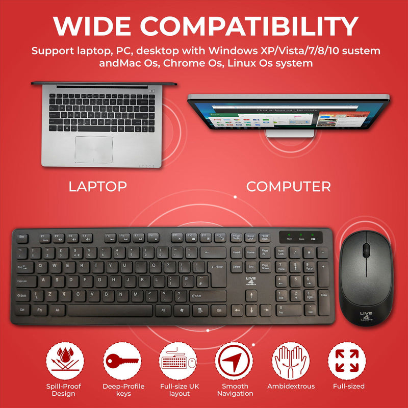 2.4GHz Wireless Keyboard And Mouse Set UK USB Dongle For PC Laptop Full-Size NEW- Black - Live4gadgets