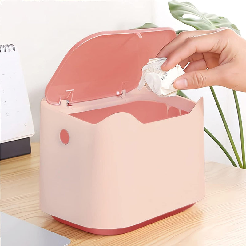 Desk Bin Trash Can with Lid, Mini Portable Table Waste Bin Desktop Dustbin Pink - Live4gadgets