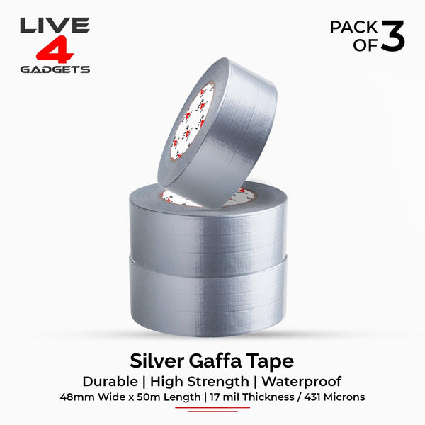 Duct Gaffer Tape Heavy Duty Waterproof Cloth Gaffa Duck Black Silver 50m x 3 - Live4gadgets