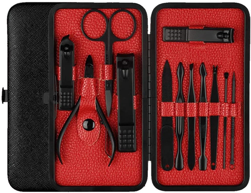 Manicure Set Nail Set Nail Clipper Kit Professional - Stainless Steel Pedicure Set Nail Grooming Kit of 12pcs with Case for Travel (Black/Red)